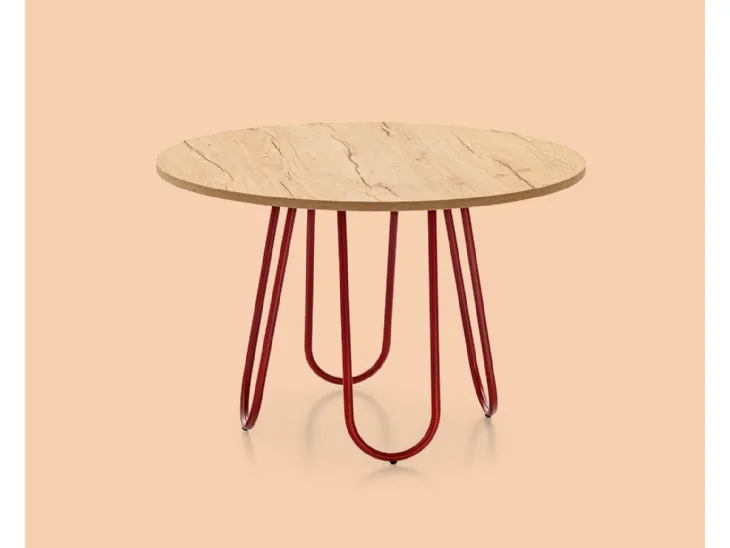 Tavolo tondo in legno di rovere con basamento in tubo curvato rosso, Stulle Table di Connubia